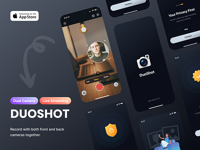 DuoShot — Dual Camera & Live Streaming App aestheticui appdesign contentcreation creatorapp darkui duelcamera figma gradient iosdesign livestreaming mobileapp moderninterface neumorphism productdesign ui uidesign uiprocess videorecording