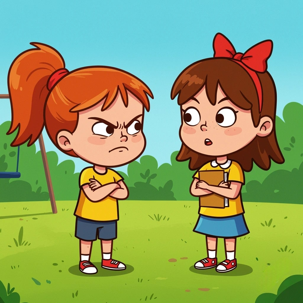 Cartoon illustration of two girls arguing in a playground 3d animation app branding card design font graphic design icon idea illustration logo motion graphics pattern plant sign typography ui ux vector