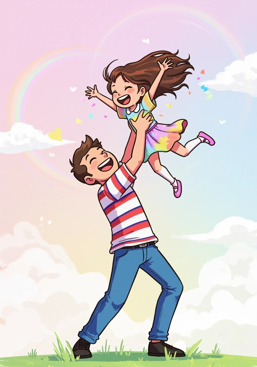 Smiling cartoon man lifts a laughing girl 3d animation app branding card design font graphic design icon idea illustration logo motion graphics pattern plant sign typography ui ux vector