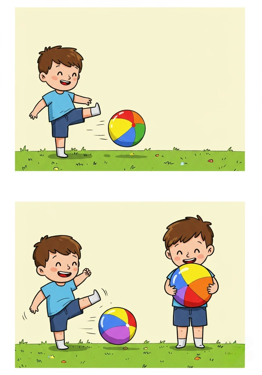 Two cartoon panels show a happy boy playing 3d animation app branding card design font graphic design icon idea illustration logo motion graphics pattern plant sign typography ui ux vector