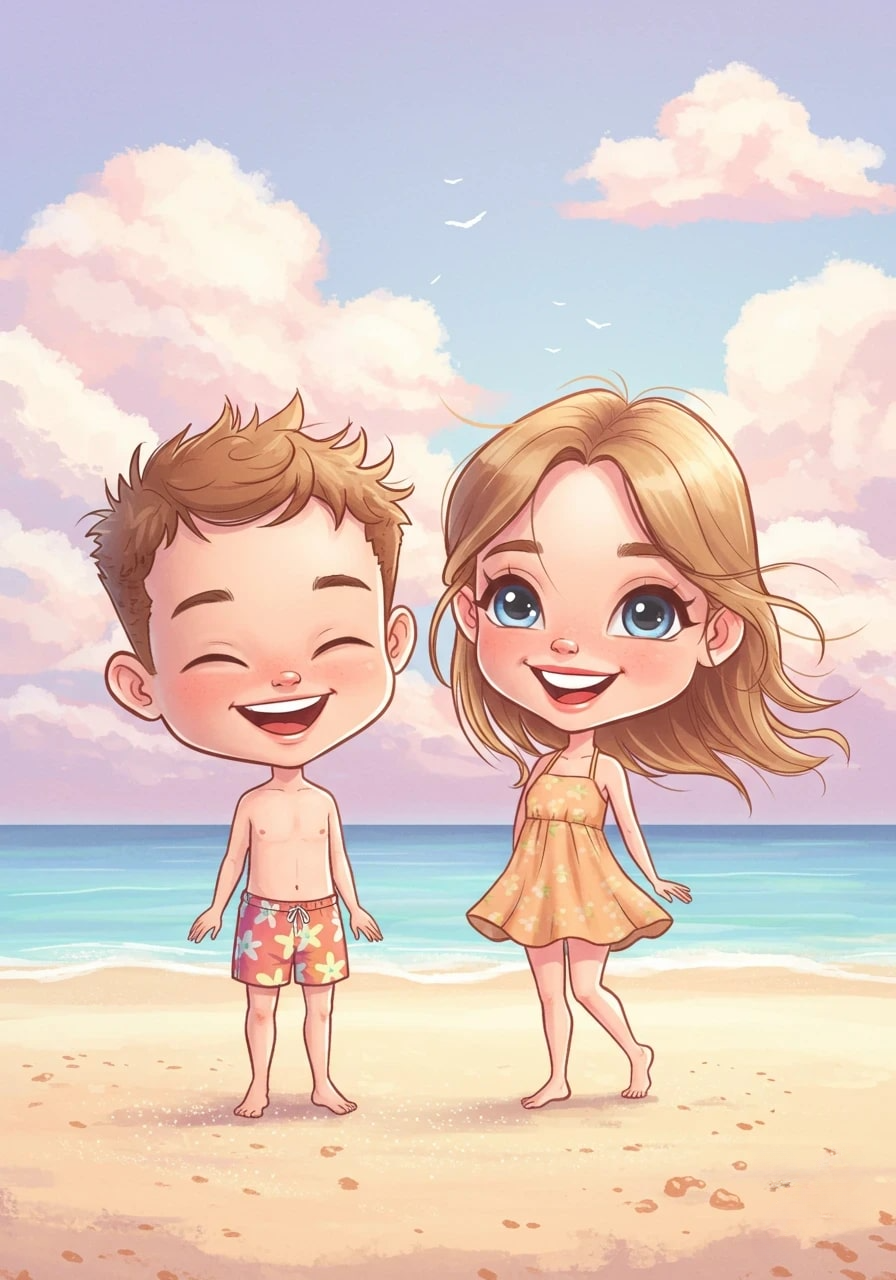 A smiling cartoon boy in swim trunks and a girl 3d animation app branding card design font graphic design icon idea illustration logo motion graphics pattern plant sign typography ui ux vector