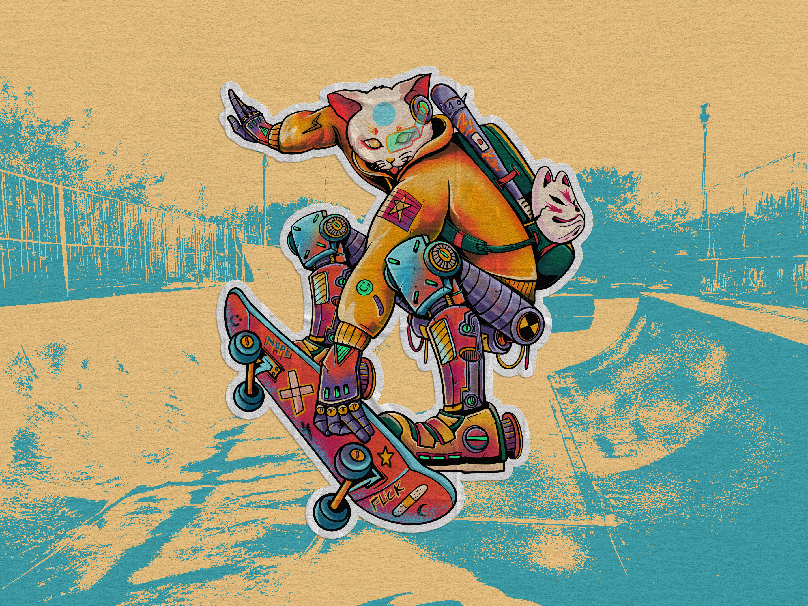 Cyber Skater Cat - Illustration for sticker apparel artistsondribbble artwork cat characterdesign conceptart cyberpunk digitalillustration dribbble futuristic graphic design illustration merchandise neonvibes retrofuturism skateboardart skaterlife streetart urbanart visualart