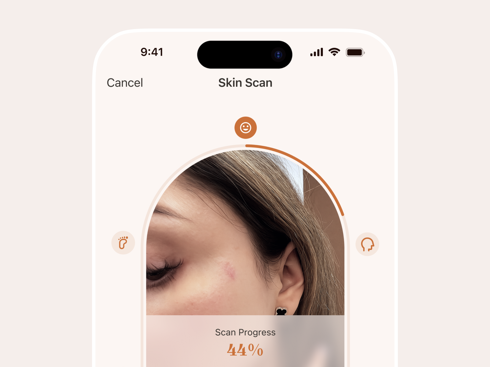 AI Face Scan Interface - Skin Health Tracking ai face scan ai interface ai scan ai skincare ai uxui beautytech digital health face scan health app healthtech mobile app scan screen skin health skin scan skincare app smart ui