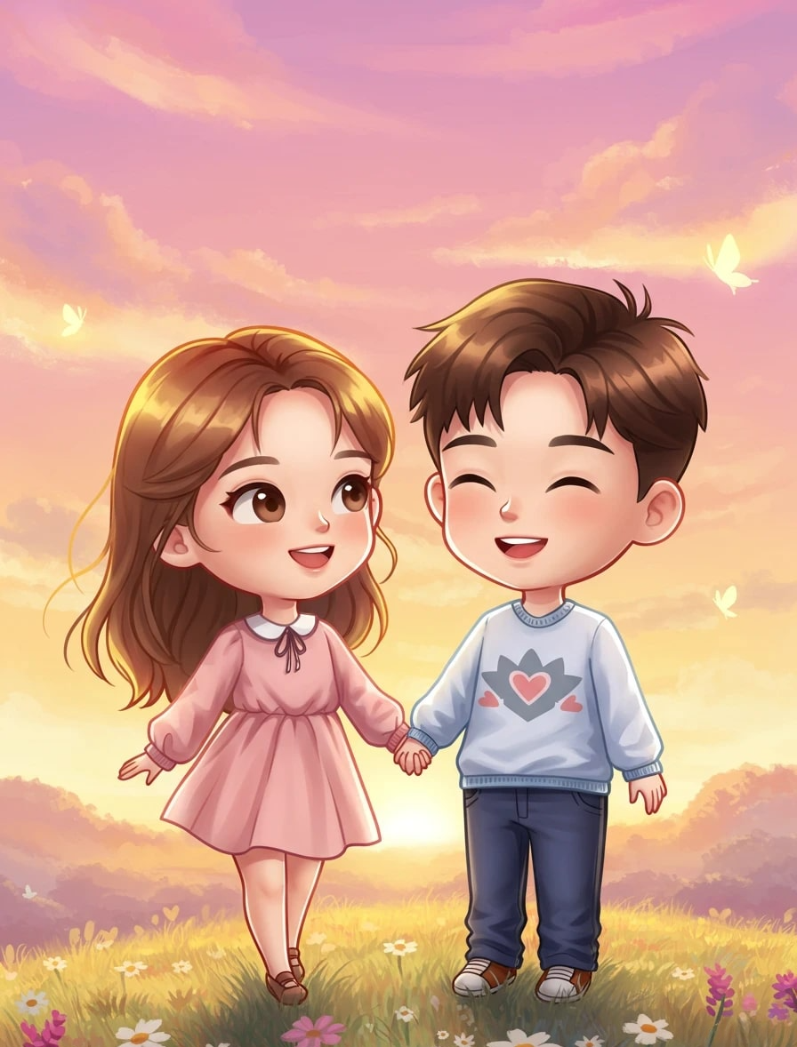 A cute chibi cartoon boy and girl holding hands, walking through 3d animation app branding card design font graphic design icon idea illustration logo motion graphics pattern plant sign typography ui ux vector