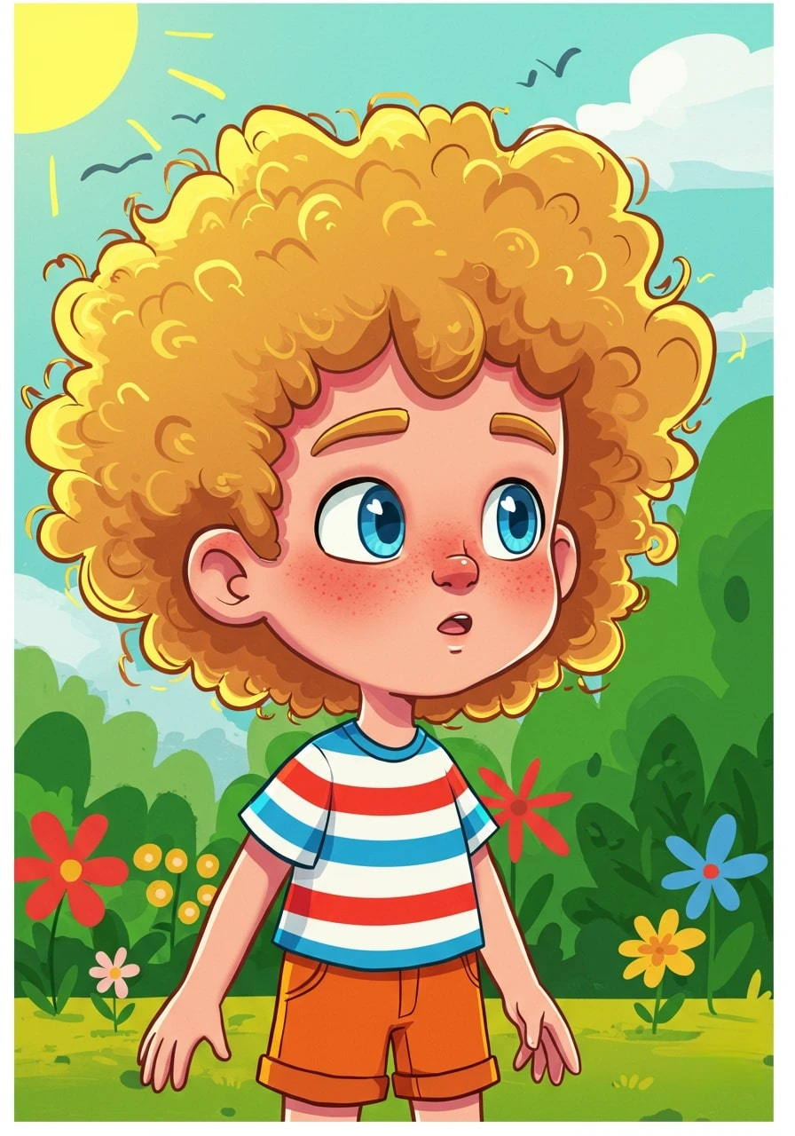 A cartoon boy with curly blond hair 3d animation app branding card design font graphic design icon idea illustration logo motion graphics pattern plant sign typography ui ux vector