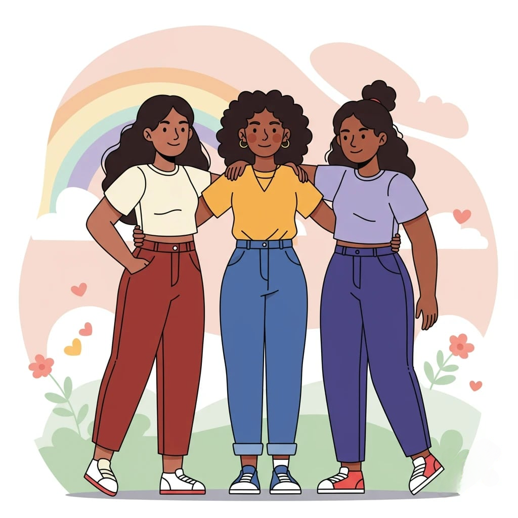 Three diverse female friends embrace 3d animation app branding card design font graphic design icon idea illustration logo motion graphics pattern plant sign typography ui ux vector