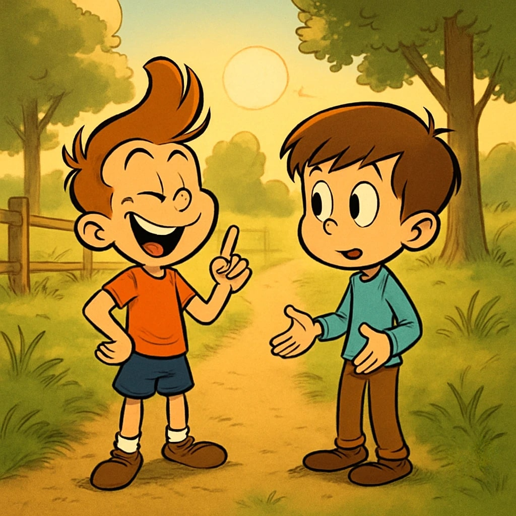 Two cartoon boys on a grassy path with trees. 3d animation app branding card design font graphic design icon idea illustration logo motion graphics pattern plant sign typography ui ux vector