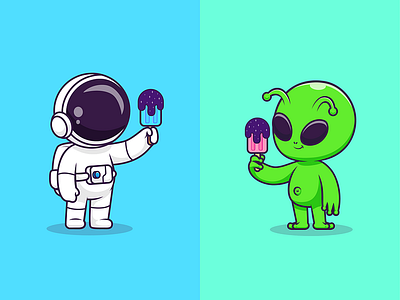 Astro and Alien eating Ice Cream🧑🏻‍🚀👽🍦 branding card design font icon idea illustration logo pattern ui