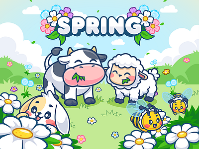 Characters Season Illustration☘️🌸🐮🐝 branding card design font icon idea illustration logo pattern ui