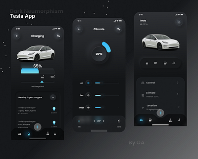 Dark Neumorphism Tesla App 3d app design branding design graphic design illustration logo ui ux vector