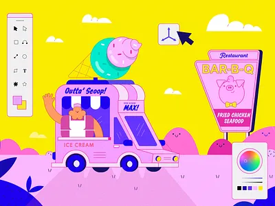 Thinkmojo Illustration for Dash Bash Opening Video animation branding character character design colors dash bash desert design ice cream ice cream trucks illustration mountains pig truck vector