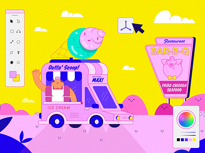 Thinkmojo Illustration for Dash Bash Opening Video animation branding character character design colors dash bash desert design ice cream ice cream trucks illustration mountains pig truck vector