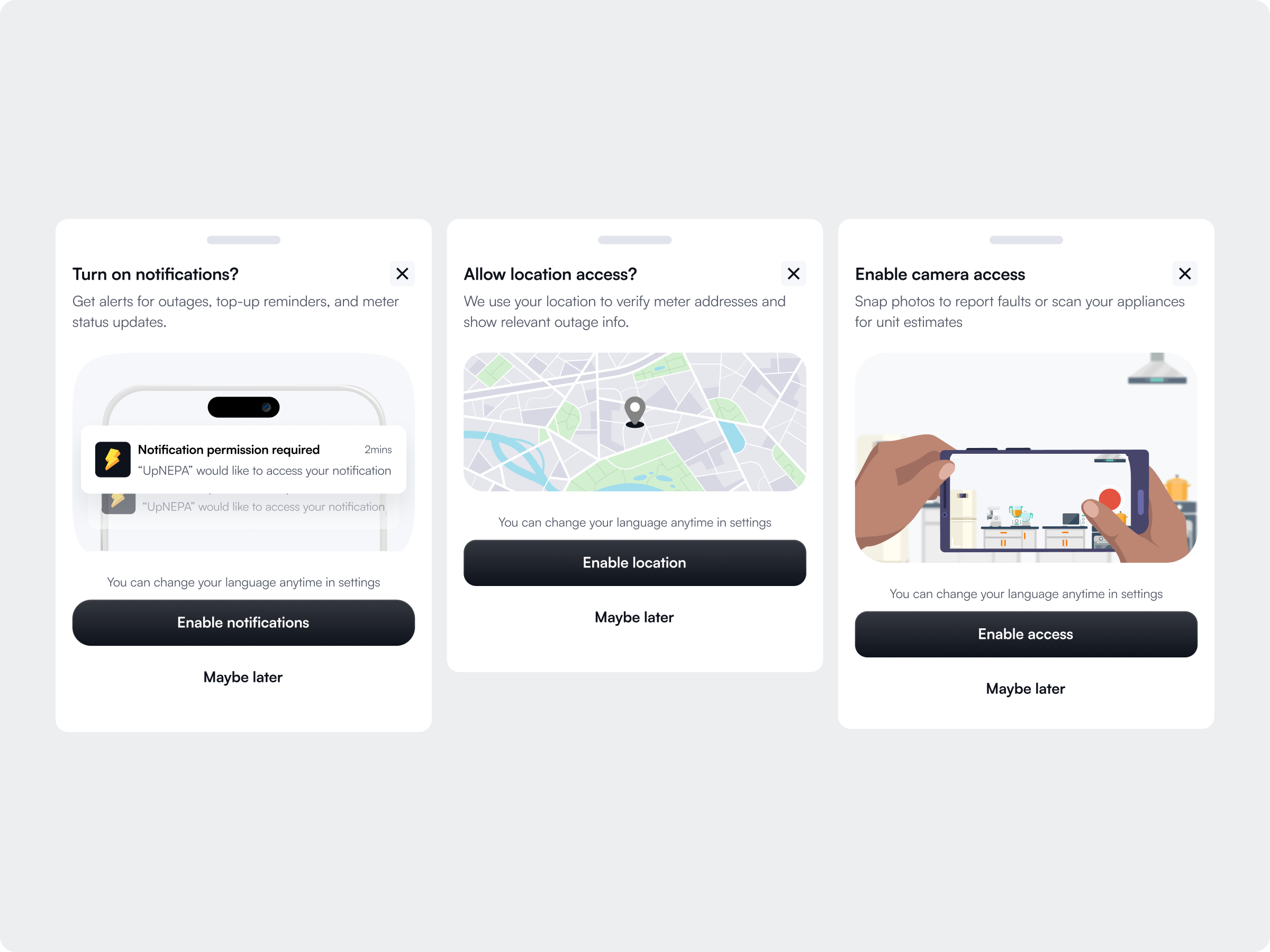 Permissions UI Design — Camera, Location & Notification user experience