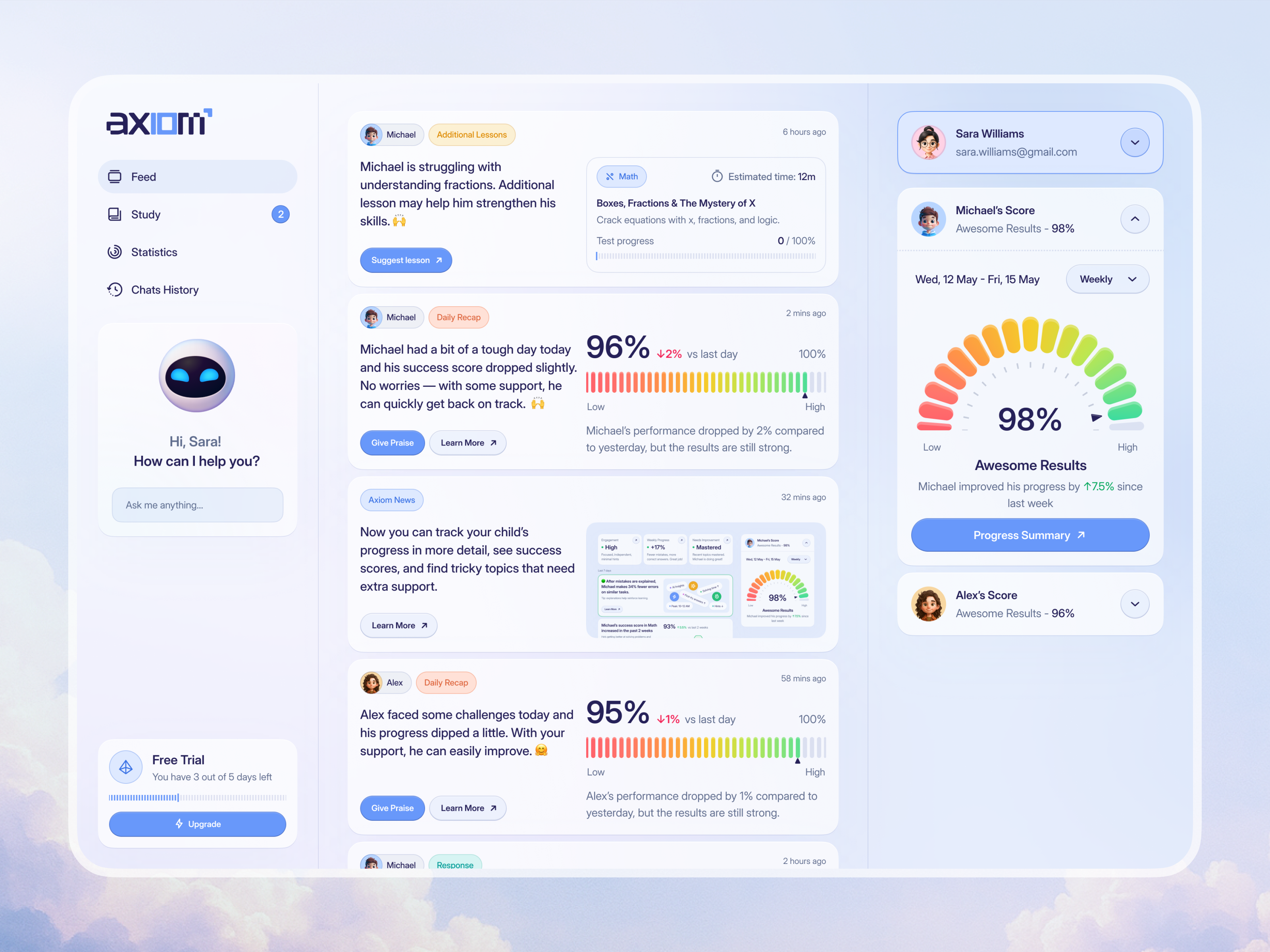 Axiom. AI tutor web-app. Case Study ai artificial intelligence avatar chat chat gpt child feed gpt homework learning mascot mobile app parent profile settings statistics study success score tutor web app