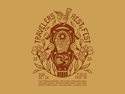 Travelers Rest Fest bird design fest festival flower greenville guitar handmade illustration lettering merch mountains shirt south carolina t shirt tee texture travelers rest type typography