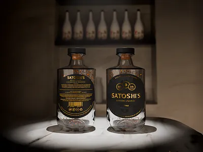 Satoshi’s Bitcoin Liqueur – Premium Design 3d render alcohol beverage packaging bottle design brand identity branding creative direction dark gold flakes graphic design label design liquor luxury minimal packaging design premium product design product visual identity