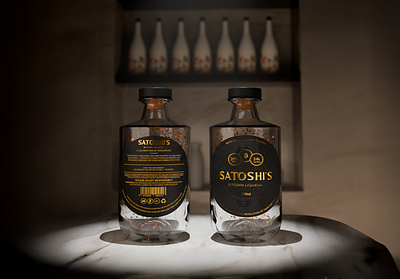 Satoshi’s Bitcoin Liqueur – Premium Design 3d render alcohol beverage packaging bottle design brand identity branding creative direction dark gold flakes graphic design label design liquor luxury minimal packaging design premium product design product visual identity