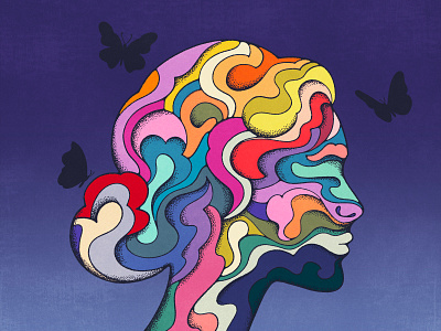 The Many Colours of Grief 70s butterfly colorful colours of grief female silhouette fluid shapes grief illustration mental health illustration procreate psychedelic retro stipple texture vintage illustration