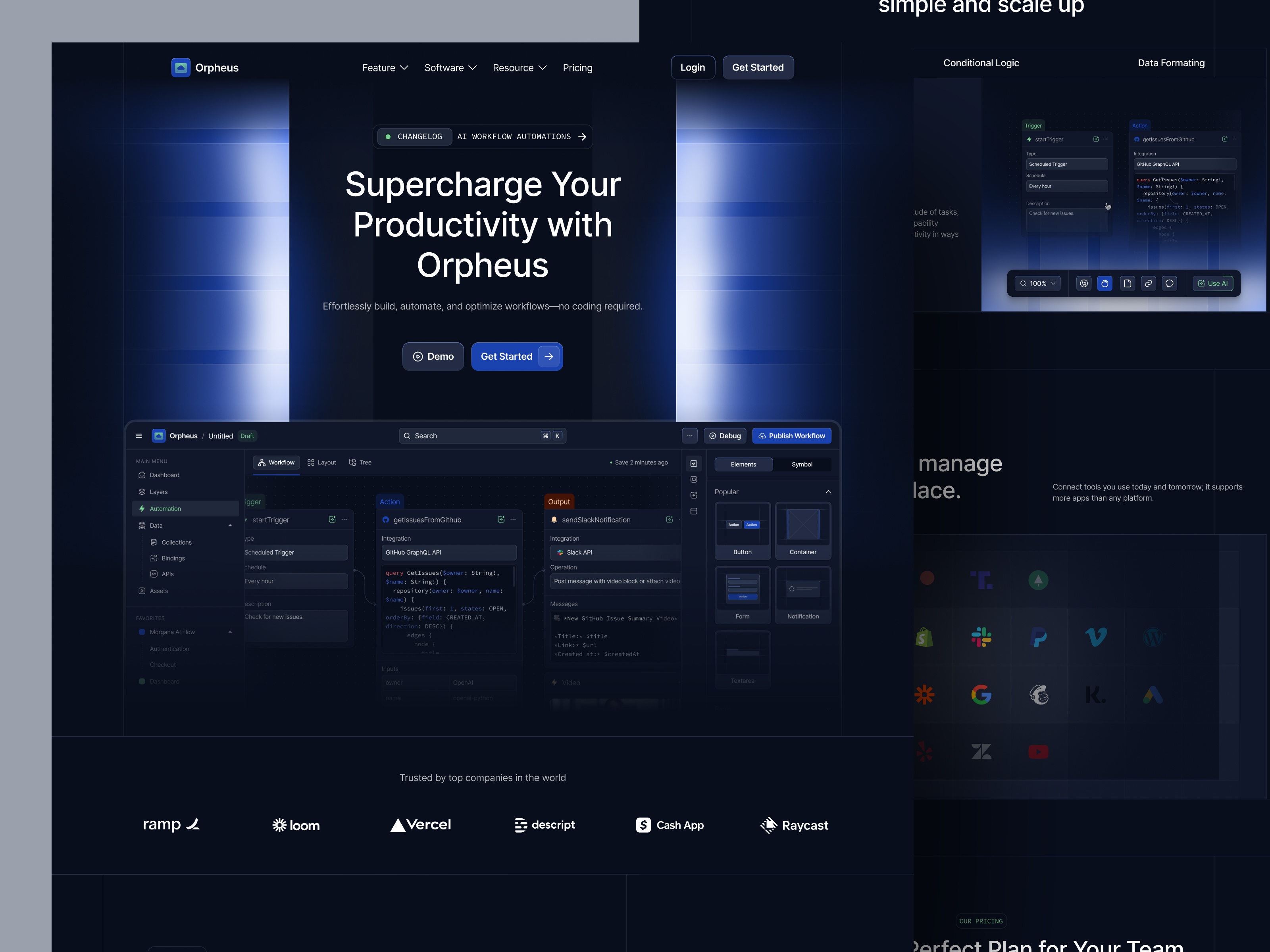 Orpheus – SaaS Automation & Workflow Builder Landing Page api integration automation devtools github api homepage design landing page marketing website saas saas landing page slack integration startup landing page ui ui components ux ui design web design website website design