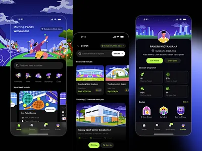 Arena - Social Sport Club App 🏋️ app badges booking clubs community darkmode illustration matches mobile orely profile schedule sports ui ux venues