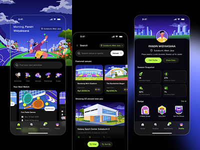Arena - Social Sport Club App 🏋️ app badges booking clubs community darkmode illustration matches mobile orely profile schedule sports ui ux venues