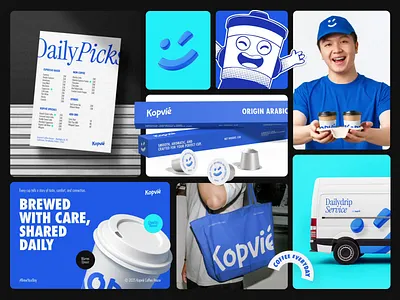 Kopvié - Branding Bento Design animation bento blue brand brand guidelines brand identity branding character coffee coffee shop design graphic design habito hatypo logo logo design mascot motion graphics smile visual identity