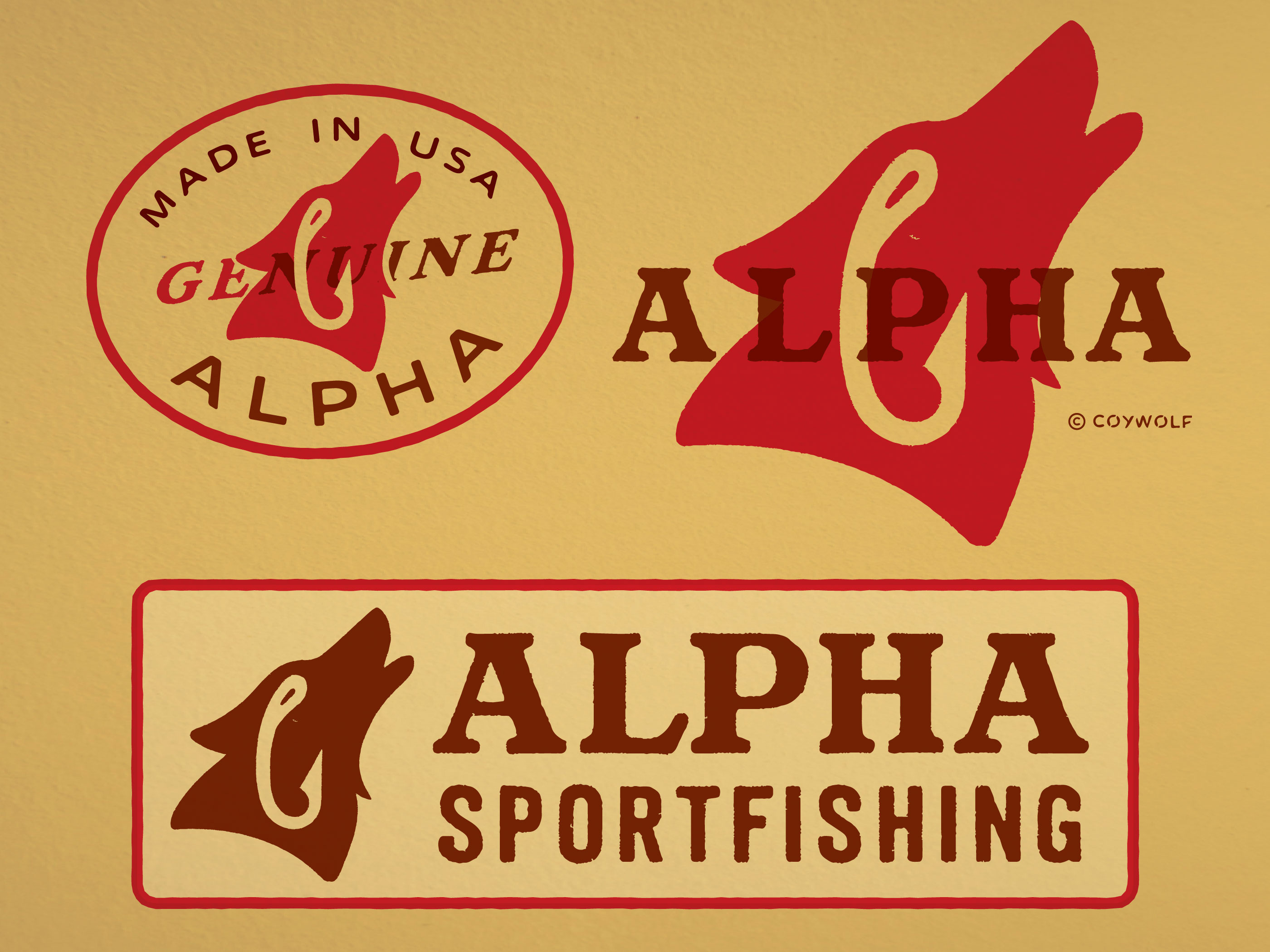 Vintage Logo Design - Alpha Sportfishing antique badge design branding brandmark classic coyote fishing graphic design hook identity design illustration lettering logo logo design nature old fashioned outdoors retro vintage wolf