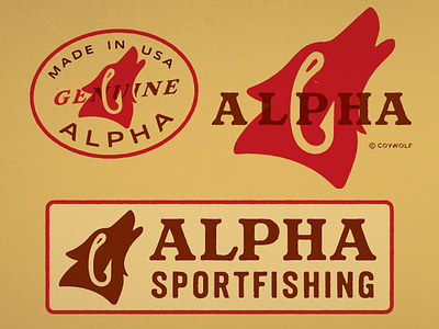 Vintage Logo Design - Alpha Sportfishing antique badge design branding brandmark classic coyote fishing graphic design hook identity design illustration lettering logo logo design nature old fashioned outdoors retro vintage wolf