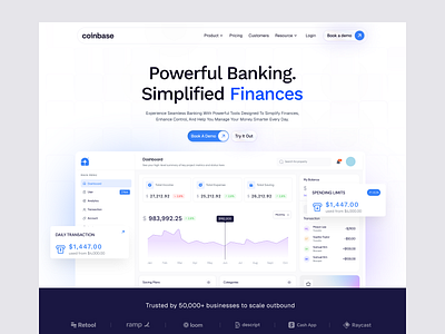 Coinbase - Finance Landing Page b2b bank banking business digital banking finance financial service fintech landing page money saas startup transactions ui design ui ux wealth management web design