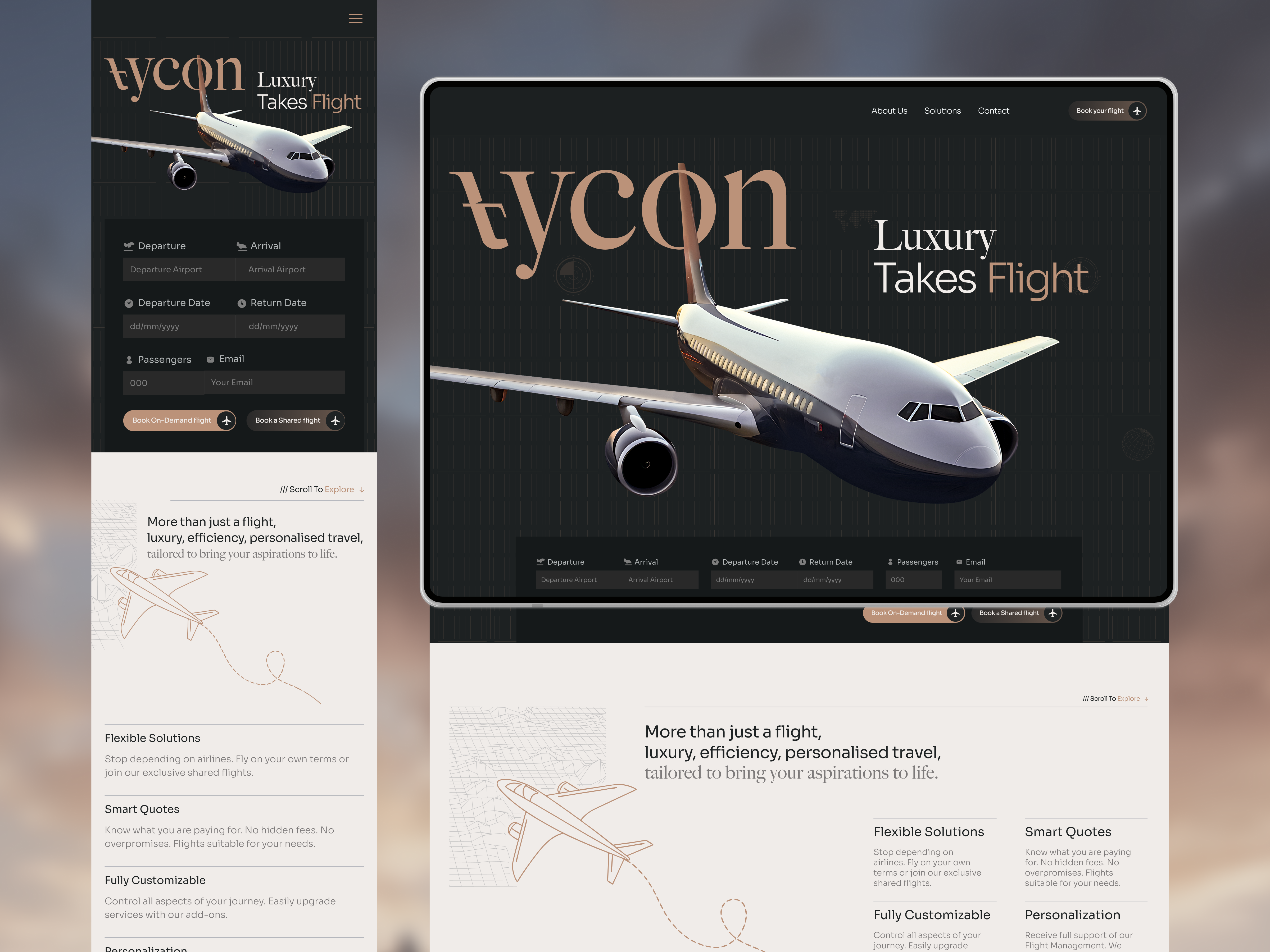 Flight Booking Website • Mobile-First Experience aviationdesign digitalexperience dribbble daily inspiration flightbooking jet booking luxury website luxurybrand luxuryui mobile first mobileui mobilewebdesign modernui privatejet responsive travel agency trending uiux web design webdesign wingly
