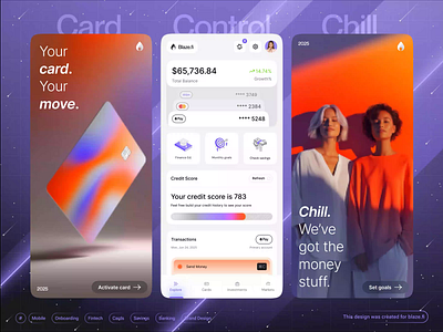 Fintech Mobile Onboarding ~ blaze.fi 3d animation application branding cards components finance fintech fintech onboarding hero home screen mobile mobile components motion graphics onboarding popular product design rare screens ui