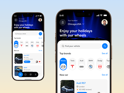 RentWheel- Smart Car rental Mobile App Design app design best ui bmw booking car rent car rent mobile app dark fireart gradient luxury app mobile app mobile app design rental rental app taxi mobile app tesla transport vehicle web design website