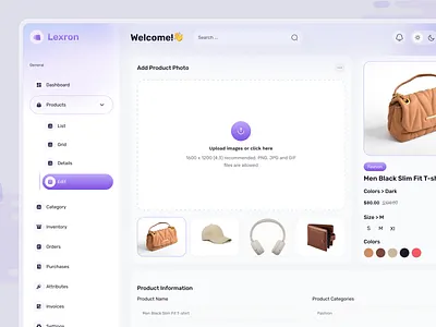 Lexron – Product Edit Dashboard UI add product admin template design dashboard ecommerce ecommerce dashboard edit product inventory management product product add page product design product page saas e commerce sales dashboard ui ux web app