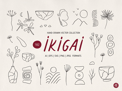 Ikigai Hand Drawn Doodle Vector abstract shape aesthetic art asian style botanical art doodle floral clipart graphic design hand drawn ikigai japandi art japanese art japanese garden kintsugi vase meditation minimalist modern poster pottery vector illustration wabi sabi zen wall art
