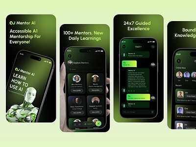 AI Learning & Mentorship Platform UI Design ai app ai chat app artificial intelligence dark ui design education ui figma design green theme ui learning app mentor platform mentorship app minimal design mobile mobile app mobile app design modern ui product design smart learning uiux uiux case study ux design