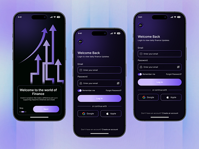Finance App Login & Onboarding UI/UX Design app concept banking app dark mode figma design finance app fintech fintech app investment app login signup page login signup page – fintech app mobile app ogin screen onboarding screen user interface