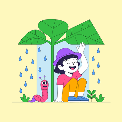 Whimsical rainy day scene with a happy girl animal cartoon child friend girl happy illustration joy kid plant rain shelter smile vleaf vnature weather worm