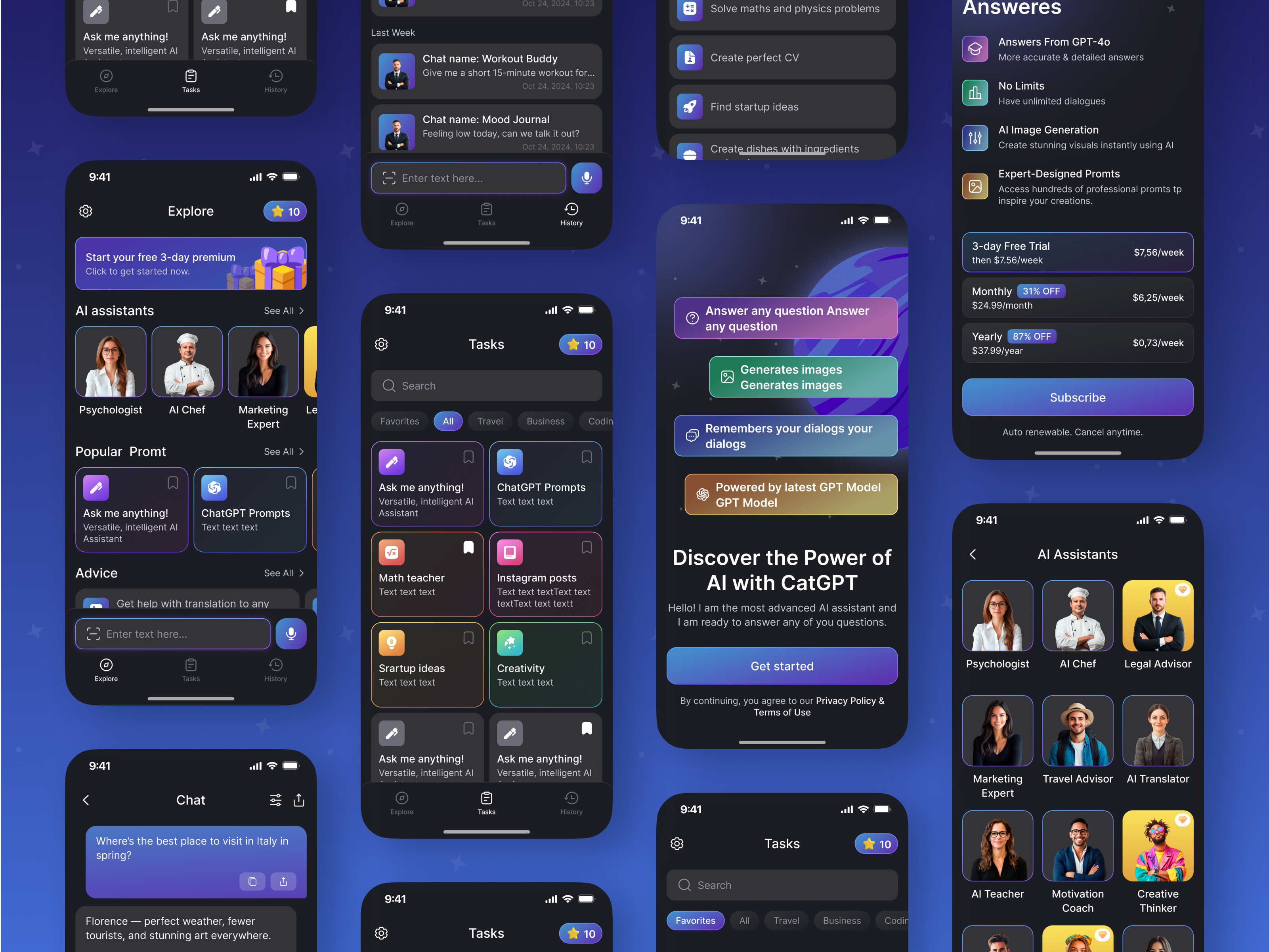 AI Chat ai assistant ai chat app design app store application artificial intelligence chat app chatbot ui chatgpt app conversation ui dark mode ios app design mobile app ui mobile ui design modern app neon gradient smart assistant tech design