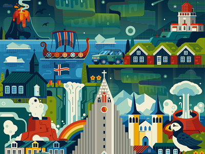 Iceland Travel Poster flat design iceland illustration map northern lights poster reykjavik scandinavia scene skyline travel vector