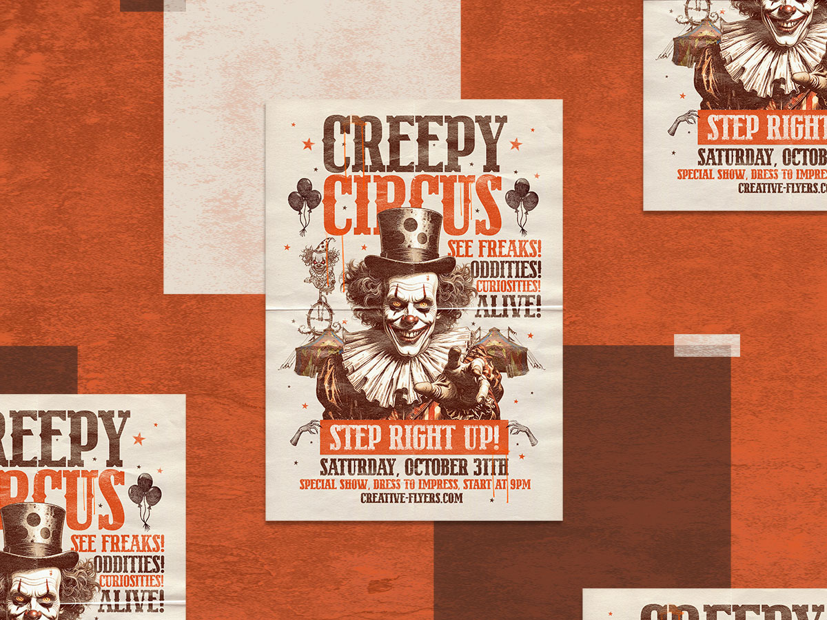 Vintage Creepy Circus Poster circus clown creative creative flyer flyer templates graphic design halloween party flyer photoshop poster retro retro halloween design vintage