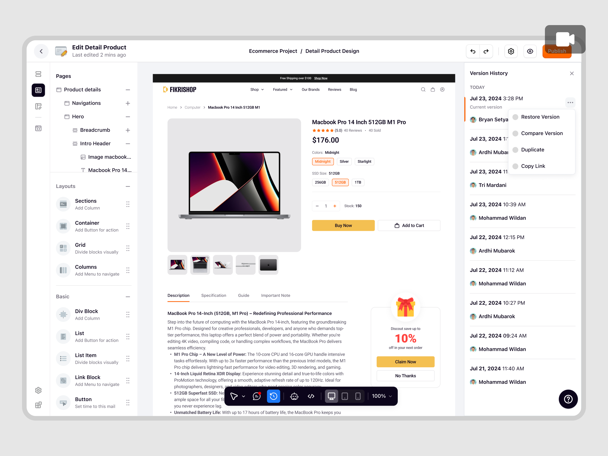 Ecomiq – Designing, Setting Up, and Publishing with Site Builder animation b2b code editor crm dashboard ecommerce marketplace online shop online store page builder product design product management saas saas design site builder ui ux web app web builder web design