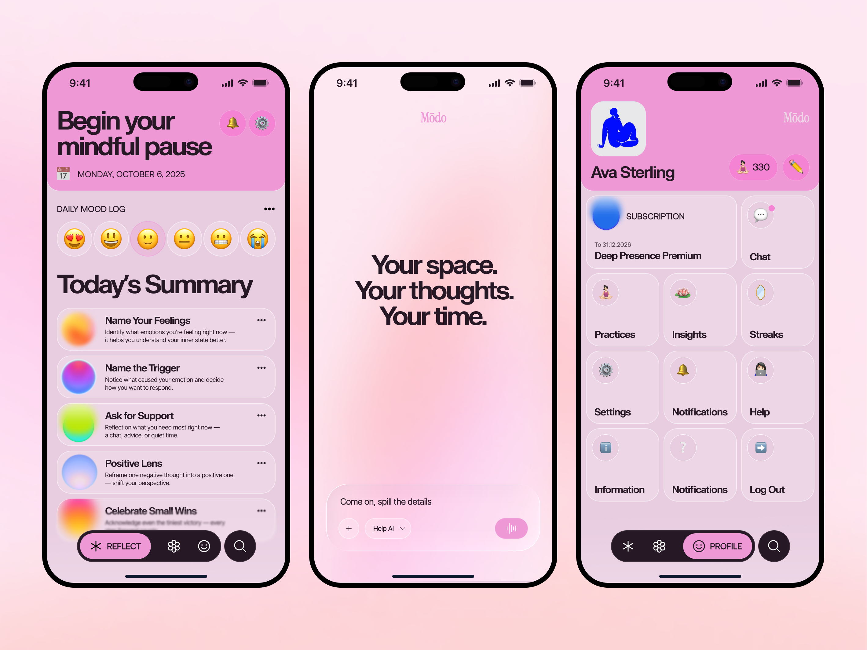 Mindful Mobile App Journal for Women app design app interfaces app screen design best app ui card ui for women home screen ios app design meditate mental health mobile app mindfulness app mobile app mobile app ui product design self care mobile app ui ux wellness woman