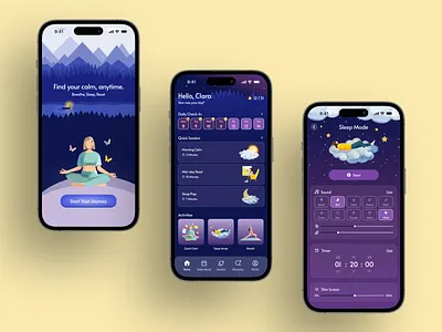 🌿 Meditation & Relax mobile app — Breathe, Sleep, and Reset app mobile cute design dark mode app dark mode design meditation and relax app meditation app meditation ui mobile purple app purple design relax app relax design relaxation app sleep ui mobile wellness