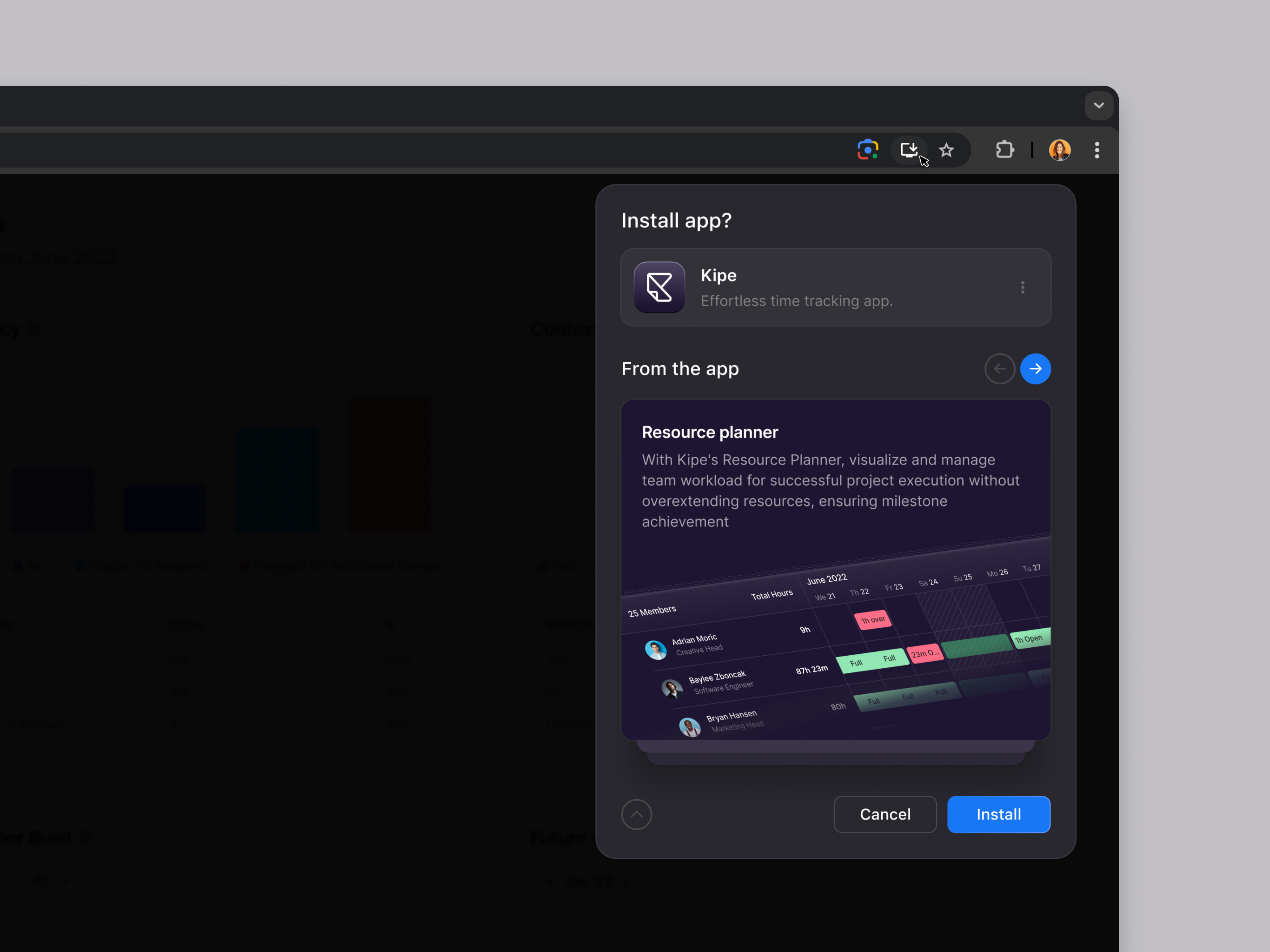 Kipe - Chrome Plugin app chrome darkmode extension installation minimal modal plugin popup saas tool ui ux webapp