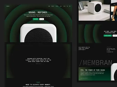 MEMBRAN : Speaker Product - Landing Page animation apple dark darkmode green jitter landingpage microinteraction minimalism motion graphics popular product productpage sound speaker uidesign uiux uiuxdesign webdesign wireless