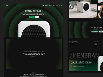 MEMBRAN : Speaker Product - Landing Page animation apple dark darkmode green jitter landingpage microinteraction minimalism motion graphics popular product productpage sound speaker uidesign uiux uiuxdesign webdesign wireless
