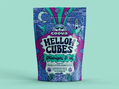 Mellow Cubes - Indica blueberry branding cannabis edibles graphic design illustration indica label design lighthouse logo logo design marihuana moon ocean packaging summer sun trippy waves