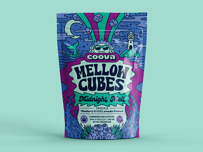 Mellow Cubes - Indica blueberry branding cannabis edibles graphic design illustration indica label design lighthouse logo logo design marihuana moon ocean packaging summer sun trippy waves