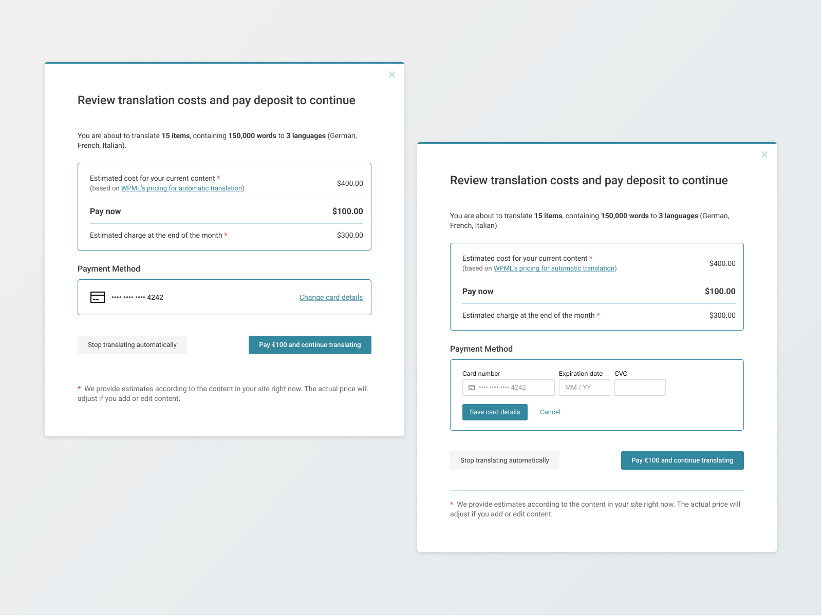 Review costs and pay deposit modal ui ux web design