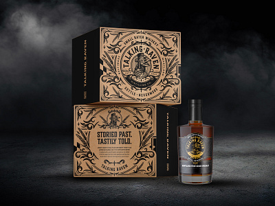 Talking Raven Distilling Co. Carton alcohol baltimore bird bottle box branding carton company detailed distilling illustration kraft maryland ornate packaging poe raven spirits talking whiskey